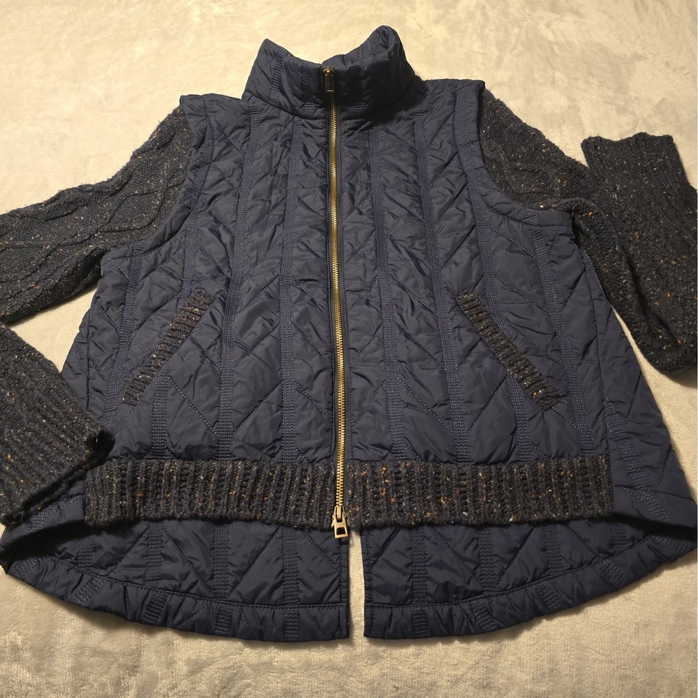 Democracy Womens Navy Blue Quilted Cable Knit Sweater Moto Jacket Size Medium